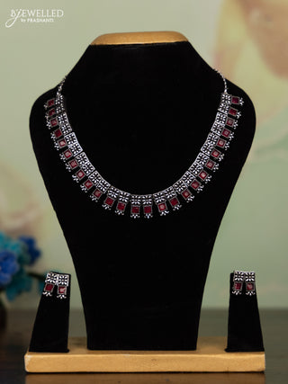 Oxidised necklace square shape design with ruby stones