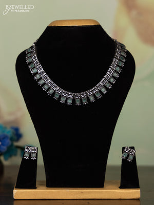 Oxidised necklace square shape design with mint green stones