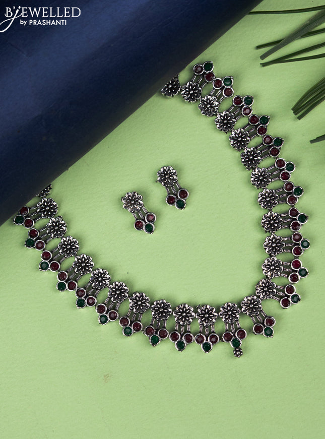 Oxidised necklace floral design with emerald and ruby stones