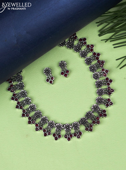 Oxidised necklace floral design with ruby stones