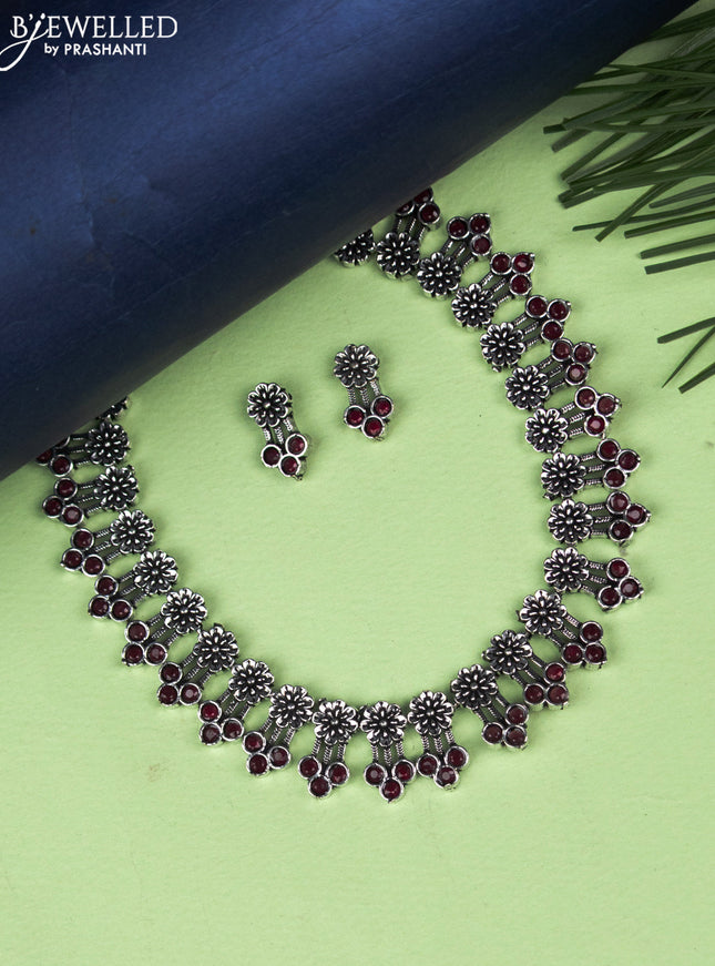 Oxidised necklace floral design with ruby stones
