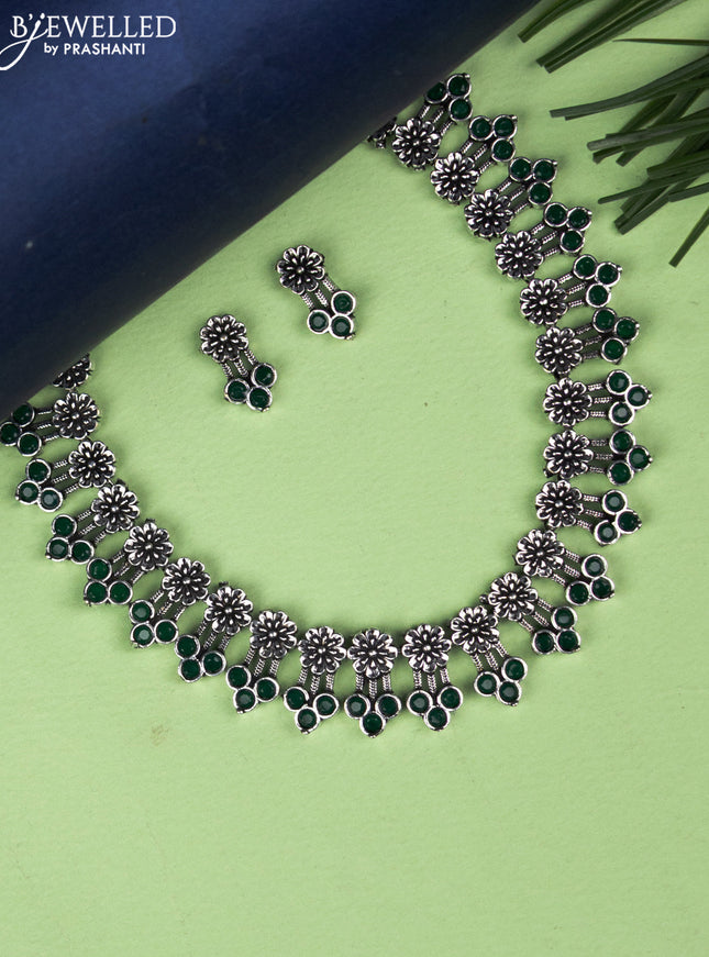 Oxidised necklace floral design with emerald stones