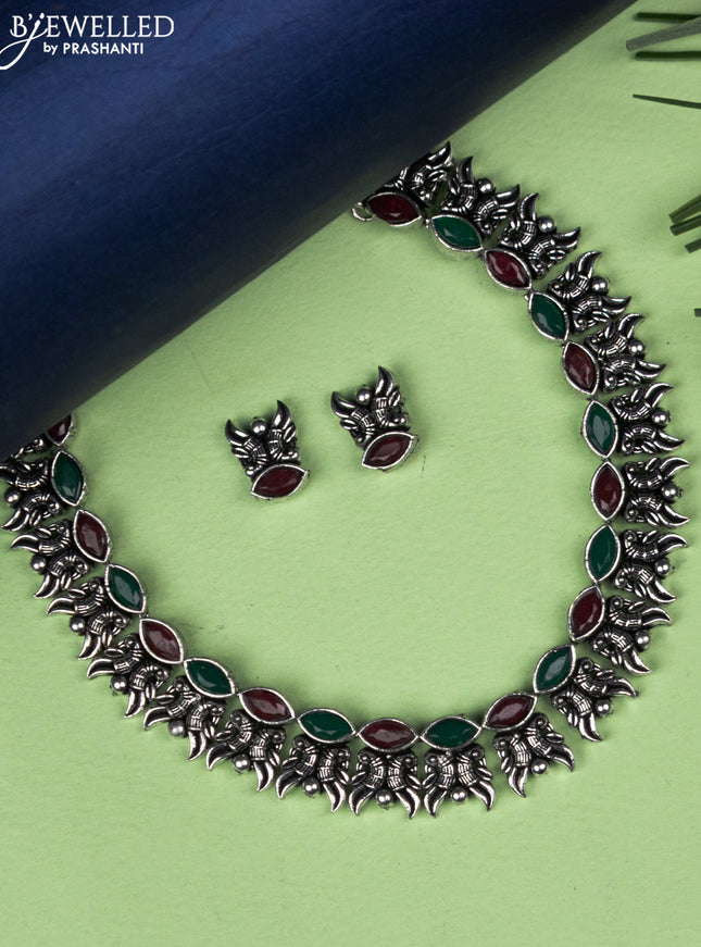 Oxidised necklace with emerald and ruby stones