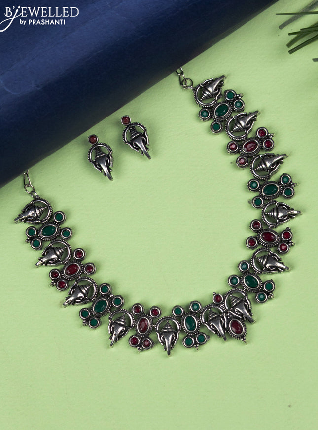 Oxidised necklace ganesha design with emerald and ruby stones