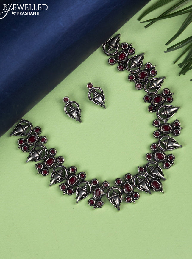 Oxidised necklace ganesha design with ruby stones