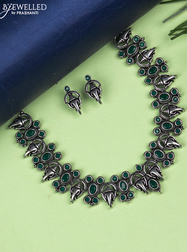 Oxidised necklace ganesha design with emerald stones