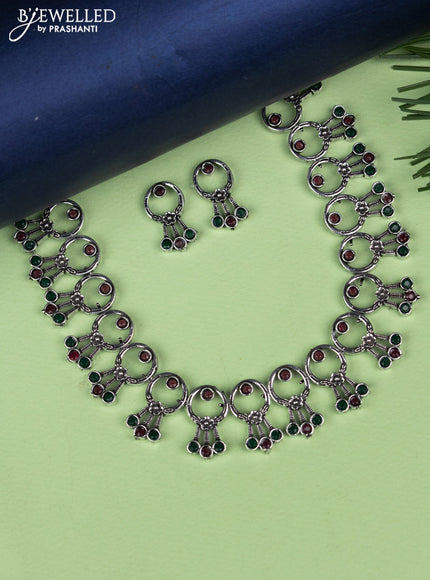 Oxidised necklace with emerald and ruby stones