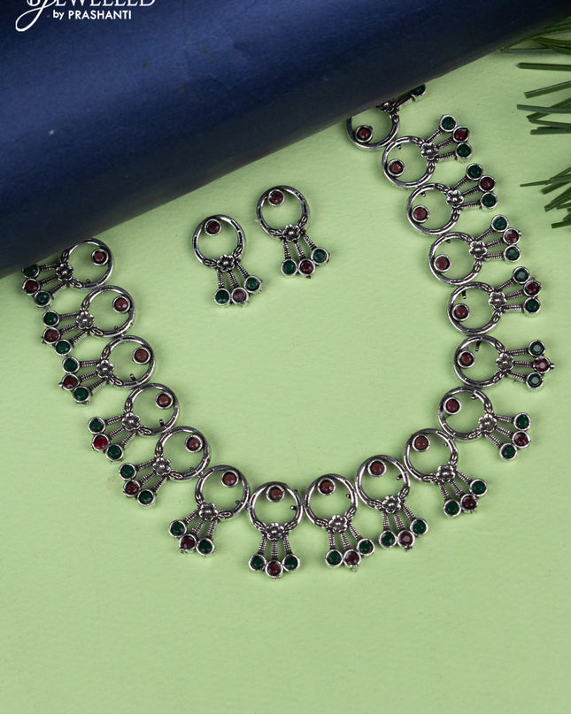 Oxidised necklace with emerald and ruby stones