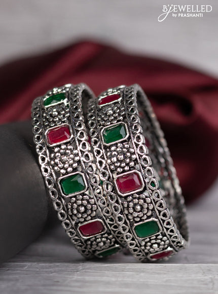 Oxidised bangle with emerald and ruby stones