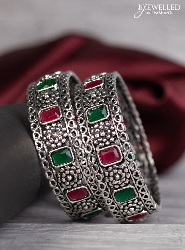 Oxidised bangle with emerald and ruby stones