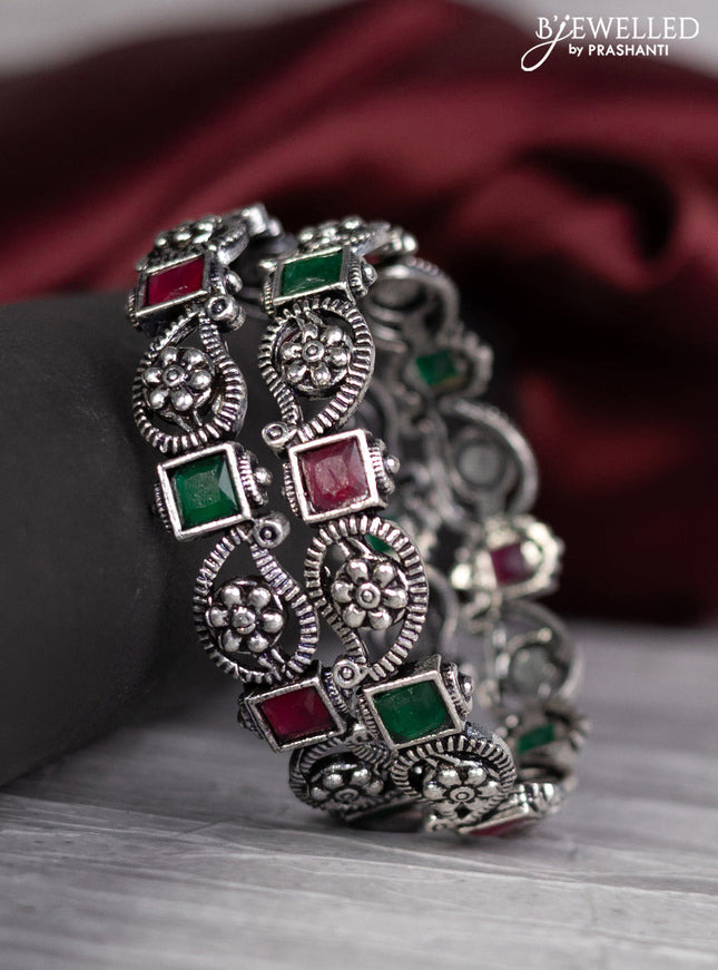 Oxidised bangle manga pattern with emerald and ruby stones