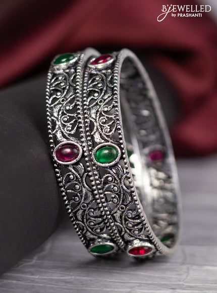 Oxidised bangle with emerald and ruby stones
