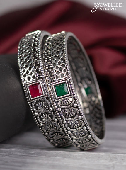 Oxidised bangle with emerald and ruby stones