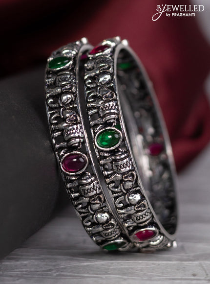 Oxidised bangle elephant design with emerald and ruby stones