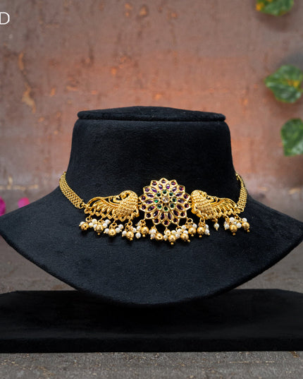 Antique Choker peacock design with kemp & cz stones and golden beads hangings