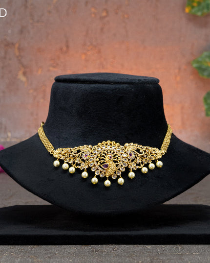Antique Choker peacock design with pink kemp & cz stones and pearl hangings