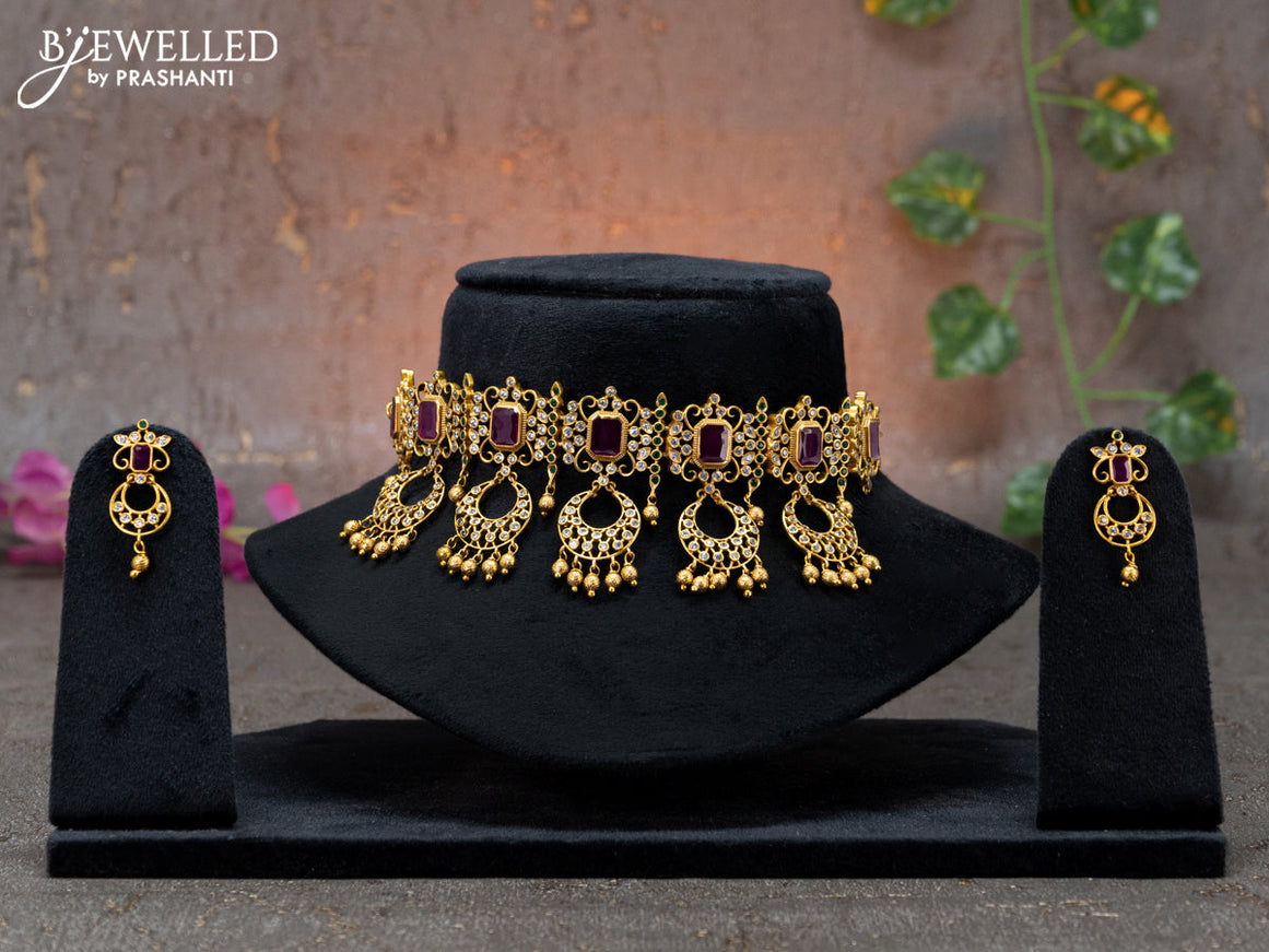 Antique Choker chandbali design with kemp & cz stones and golden beads hangings