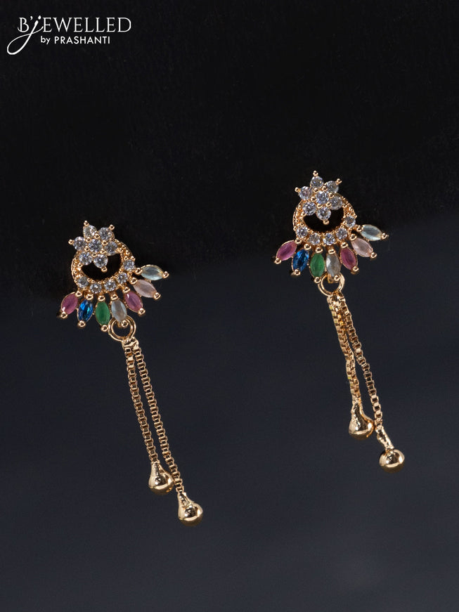Rose gold earrings floral design with multicolour & cz stones and hangings