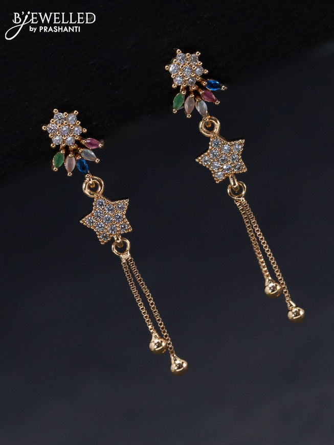 Rose gold earrings floral design with multicolour & cz stones and hangings