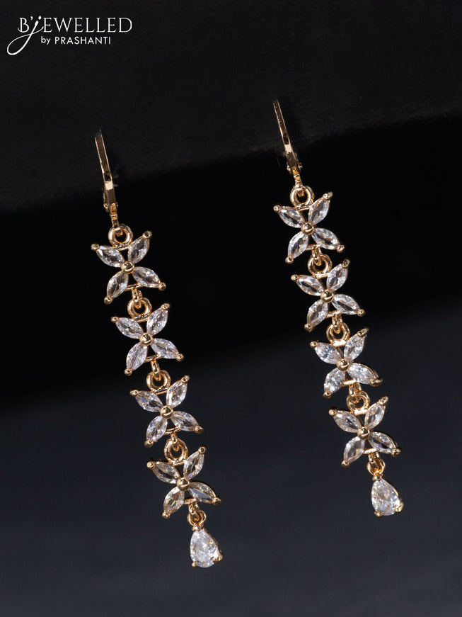 Rose gold hanging type earrings floral design with cz stones