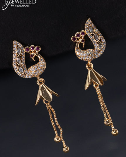 Rose gold earrings peacock design with pink kemp & cz stones and hangings