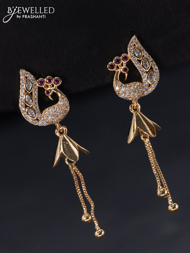 Rose gold earrings peacock design with pink kemp & cz stones and hangings