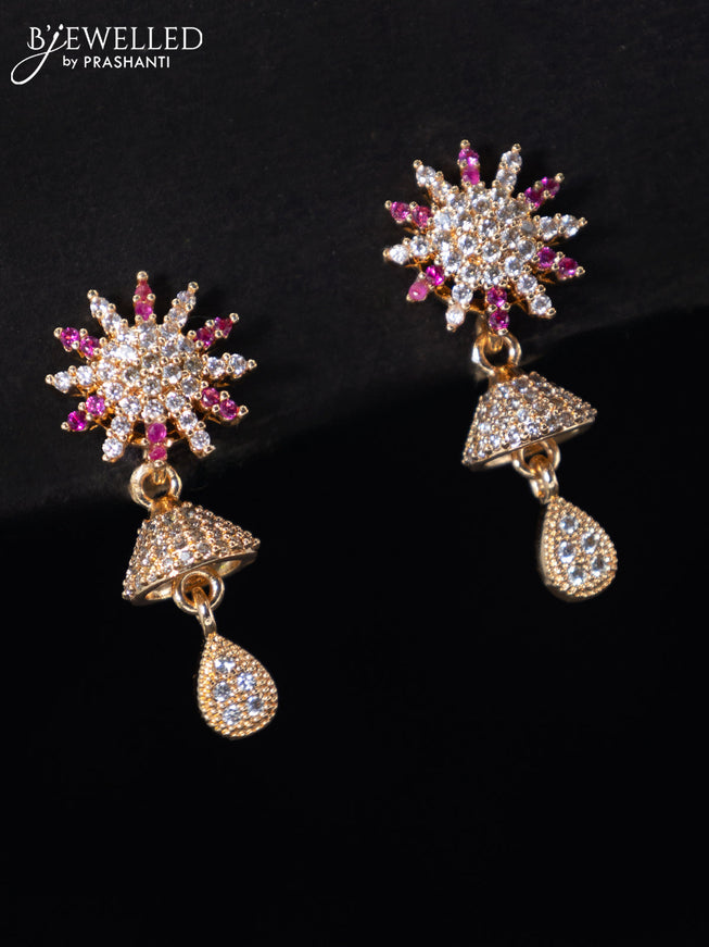 Rose gold earrings floral design with pink kemp & cz stones and hangings