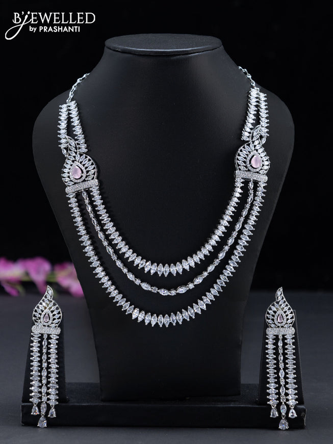 Zircon triple layer necklace with baby pink and cz stones