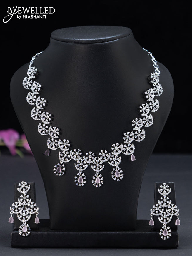 Zircon necklace floral design with baby pink and cz stones