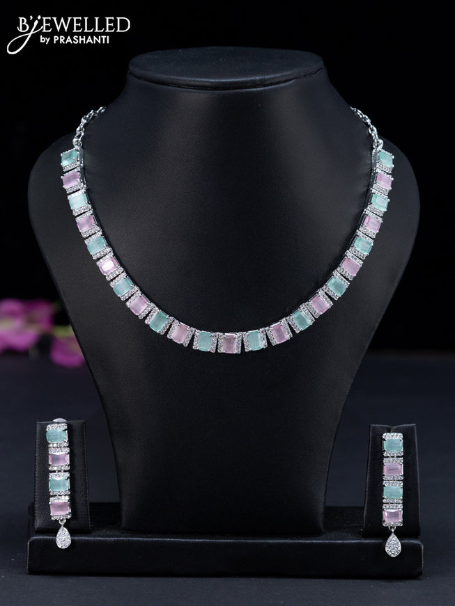 Zircon necklace with mint green & baby pink and cz stones