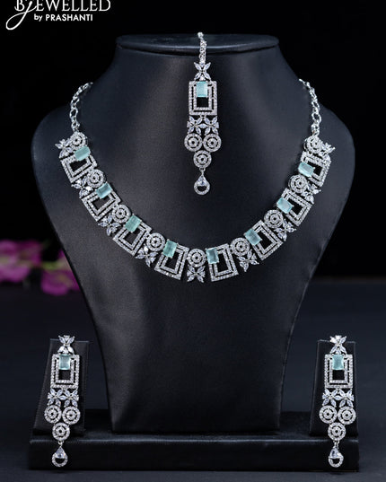 Zircon necklace floral design mint green and cz stones with maang tikka