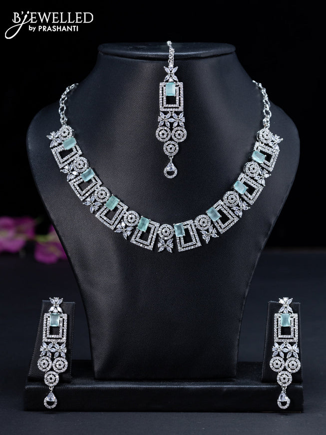 Zircon necklace floral design mint green and cz stones with maang tikka