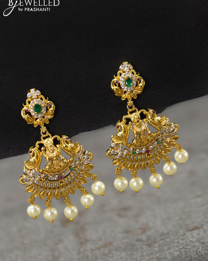 Antique earrings lakshmi design with kemp stone and pearl hangings