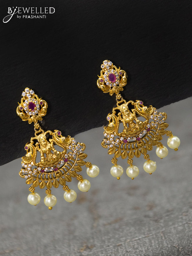 Antique earrings lakshmi design with pink kemp stone and pearl hangings