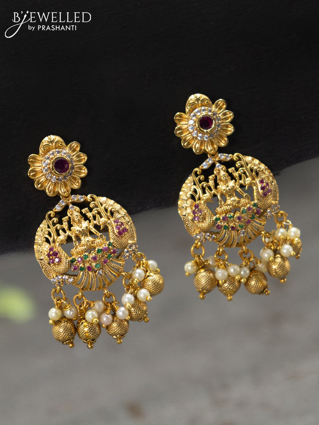 Antique earrings lakshmi design with pink kemp stone and goldan beads hanging