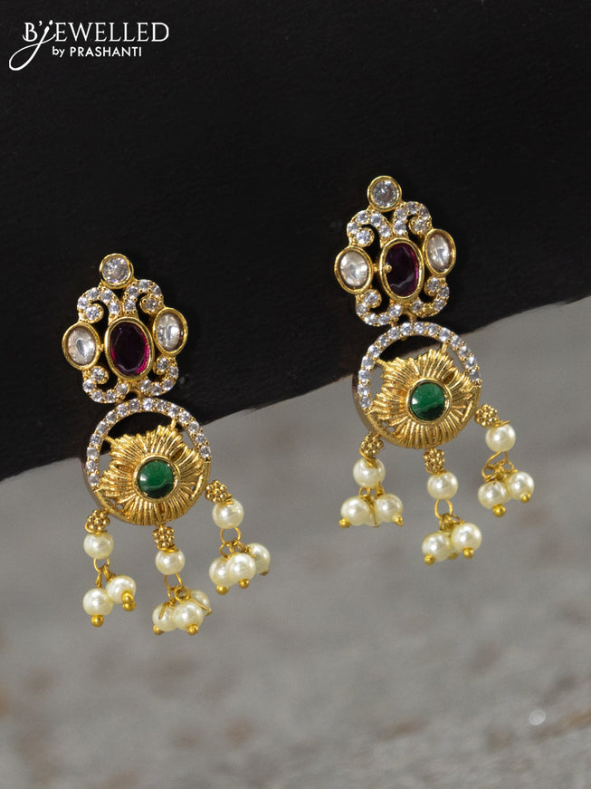 Antique earrings floral design with kemp & cz stone and pearl hangings