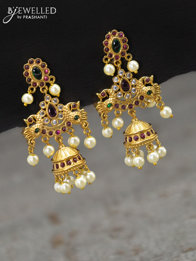 Antique earrings lakshmi design with kemp stone and pearl hangings