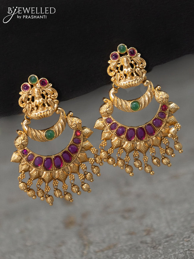 Antique earrings lakshmi design with kemp & cz stones and goldan beads hanging