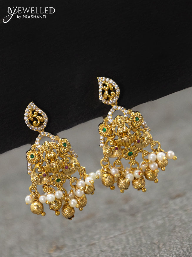 Antique earrings lakshmi design with kemp & cz stones and beads hanging