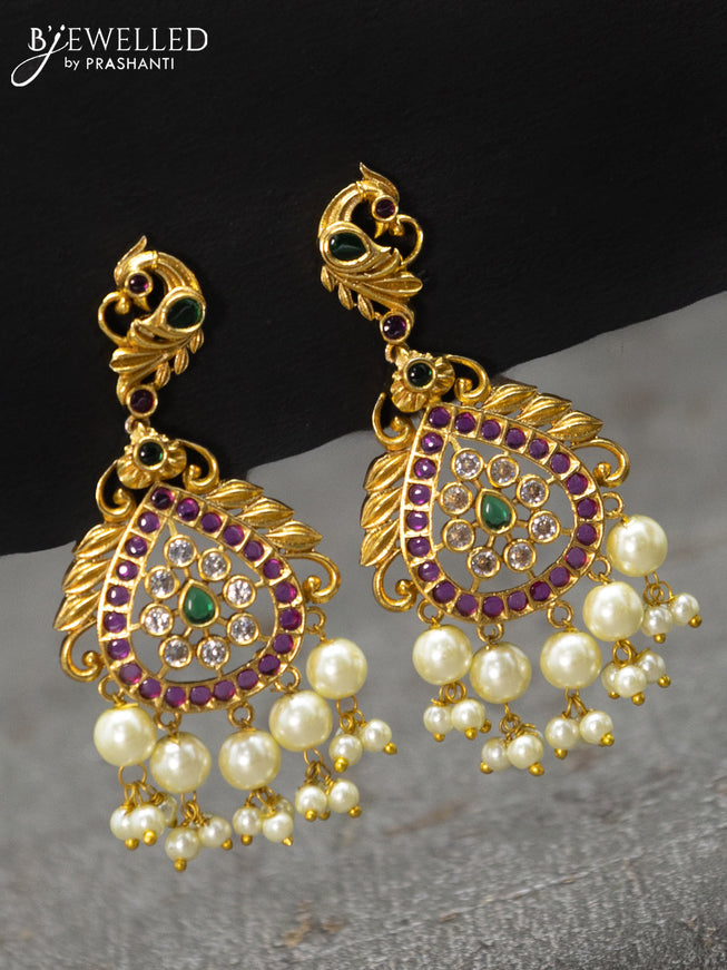 Antique earrings peacock design with kemp stone and pearl hangings