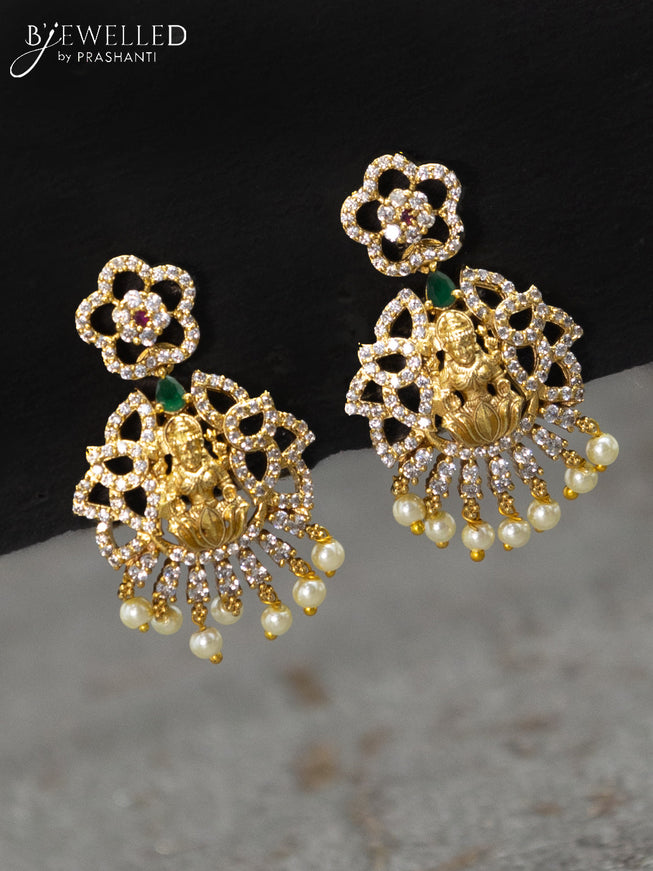 Antique earrings lakshmi design with kemp & cz stones and pearl hangings