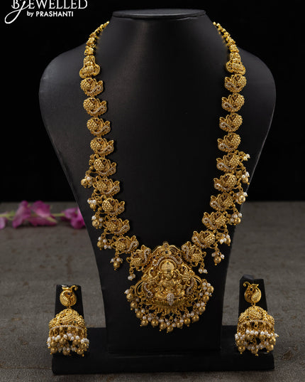 Antique haaram lakshmi & swan design with kemp & cz stones and golden beads hengings