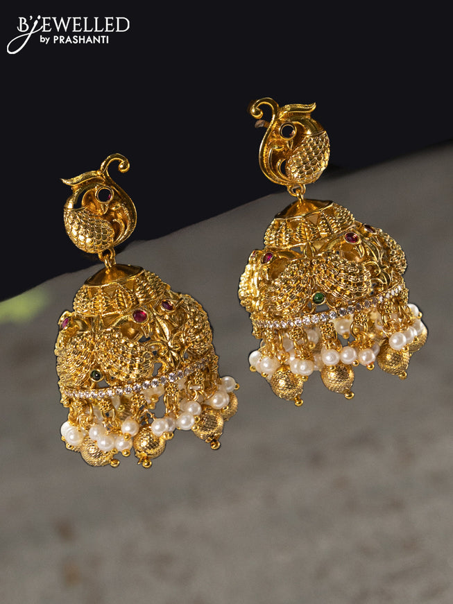 Antique haaram lakshmi & swan design with kemp & cz stones and golden beads hengings