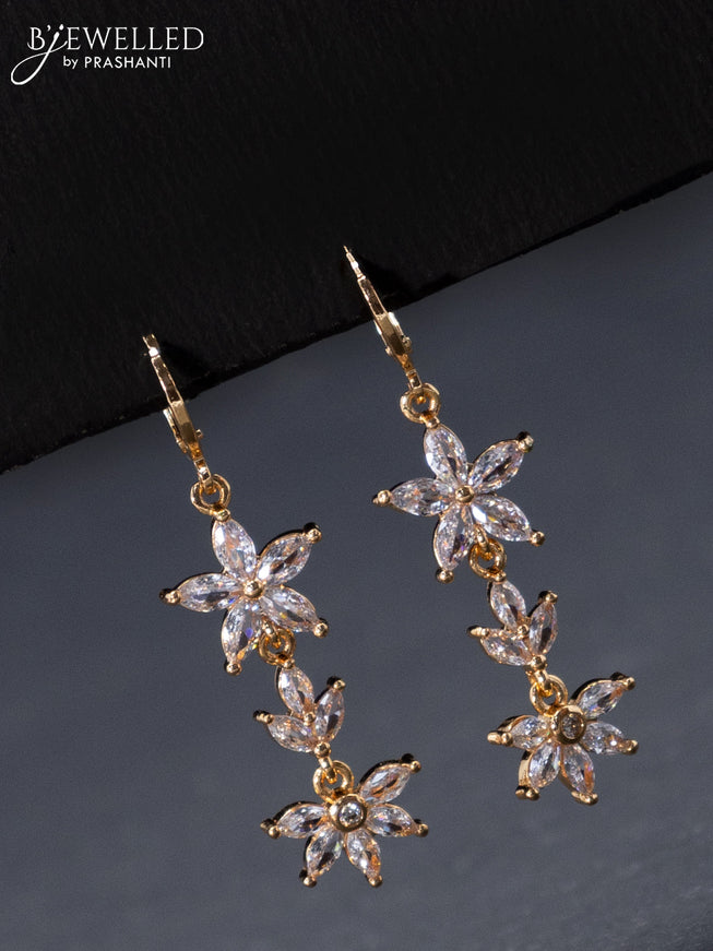 Rose gold hanging type earrings floral design with cz stones