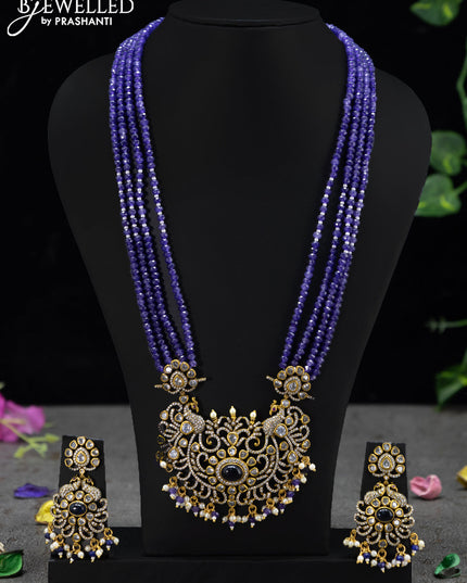 Beaded multi layer violet necklace peacock design with sapphire & cz stones and beades hanging in victorian finish