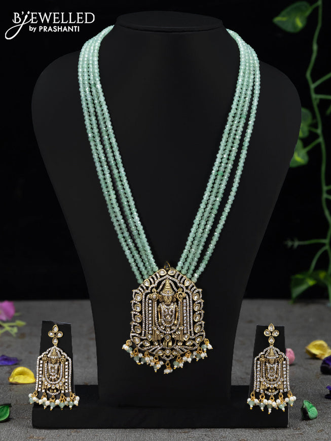 Beaded multi layer mint green necklace cz stones with tirupati balaji pendant and beades hangings in victorian finish