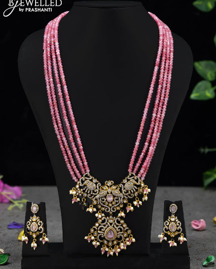 Beaded multi layer light pink necklace elephant design with cz stones and beades hangings in victorian finish