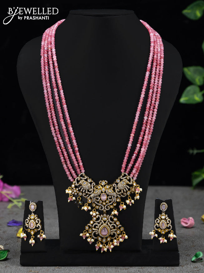 Beaded multi layer light pink necklace elephant design with cz stones and beades hangings in victorian finish