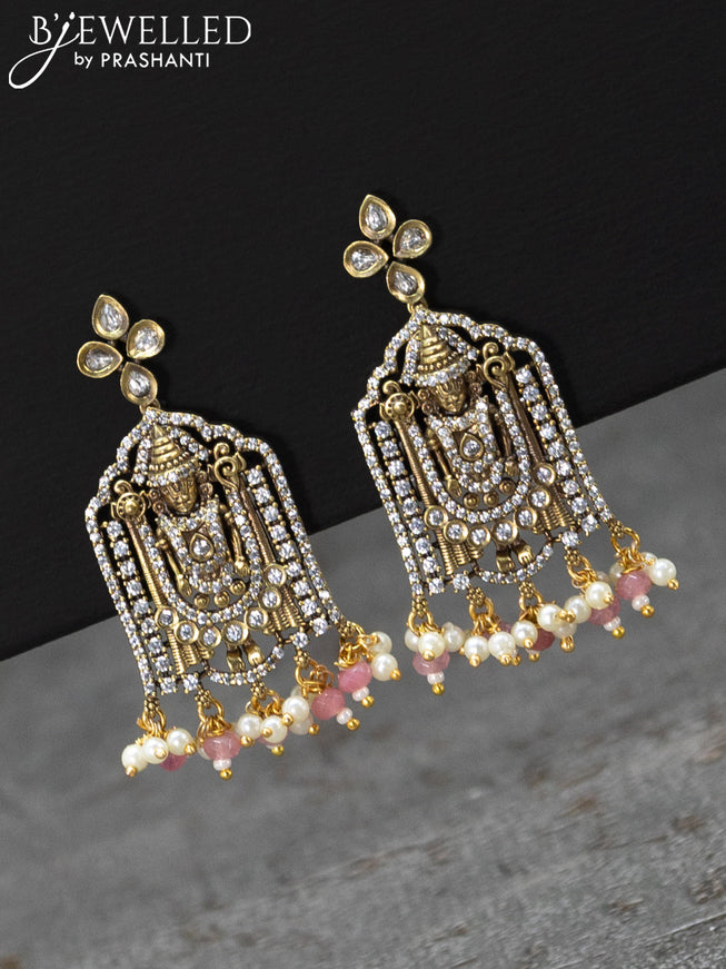 Beaded multi layer pink necklace cz stones with tirupati balaji pendant and beades hangings in victorian finish
