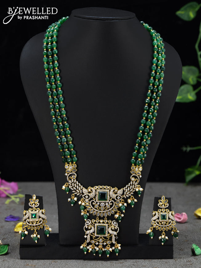 Beaded triple layer green necklace peacock design with emerald & cz stones and beades hanging in victorian finish